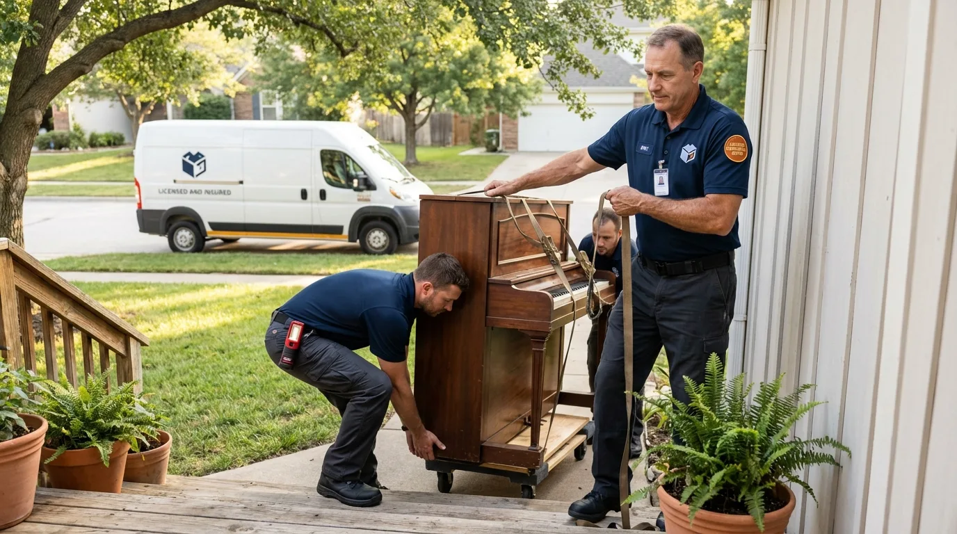 Licensed piano movers securing grand piano in Kingsford Heights, IN
