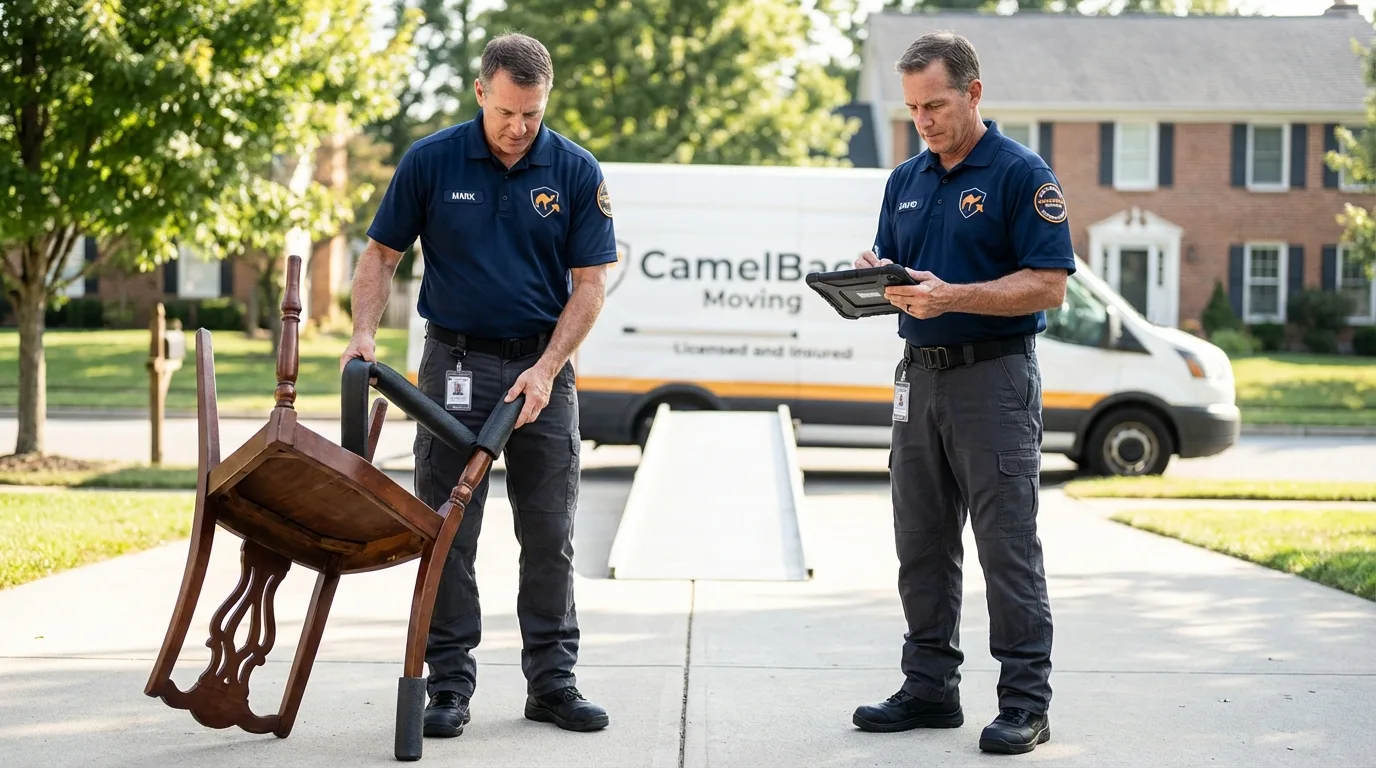 Movers inspecting furniture for damage prevention before loading in Kingsford Heights, IN