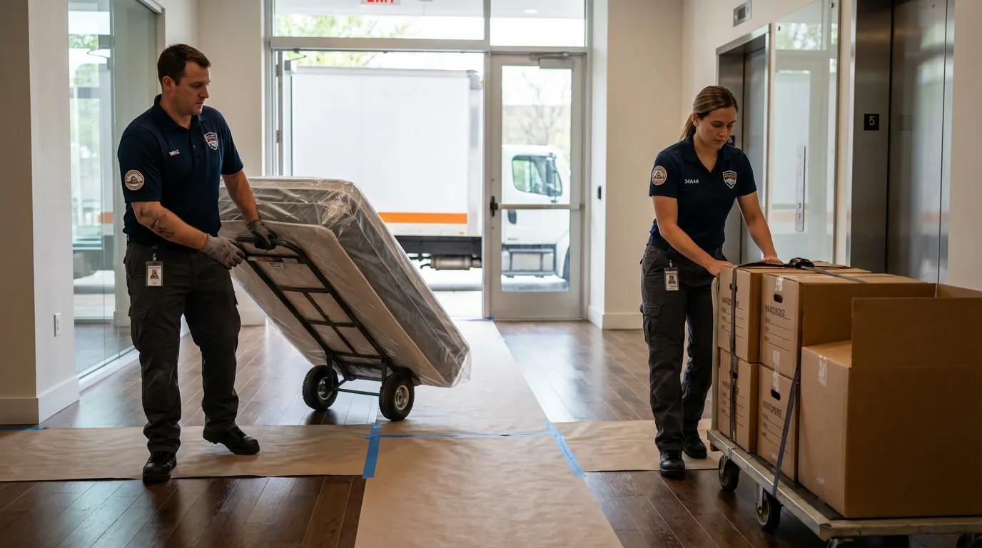 Professional apartment movers loading elevator in Kingsford Heights, IN