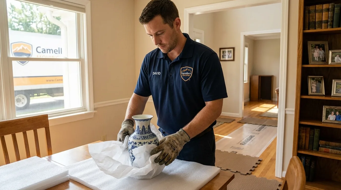 Professional crew carefully wrapping antique vase for senior downsizing move in Kingsford Heights, IN