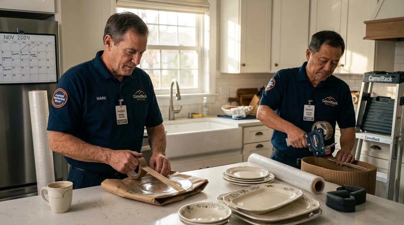 Professional crew packing kitchen dishware in Kingsford Heights, IN